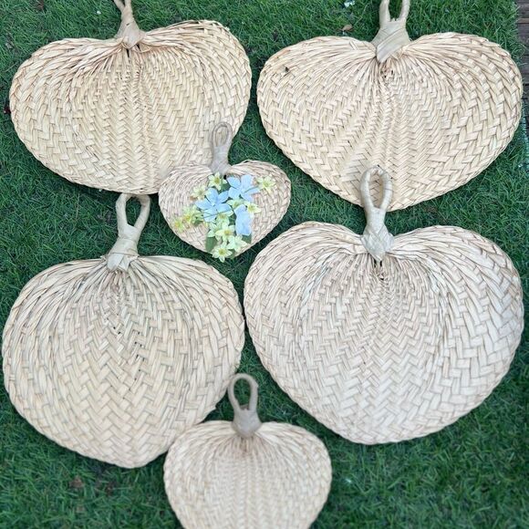Vintage Grass Fan Retro 1980s Handmade Woven Rattan Bohemian Wall Decor set of 6 - Picture 1 of 5